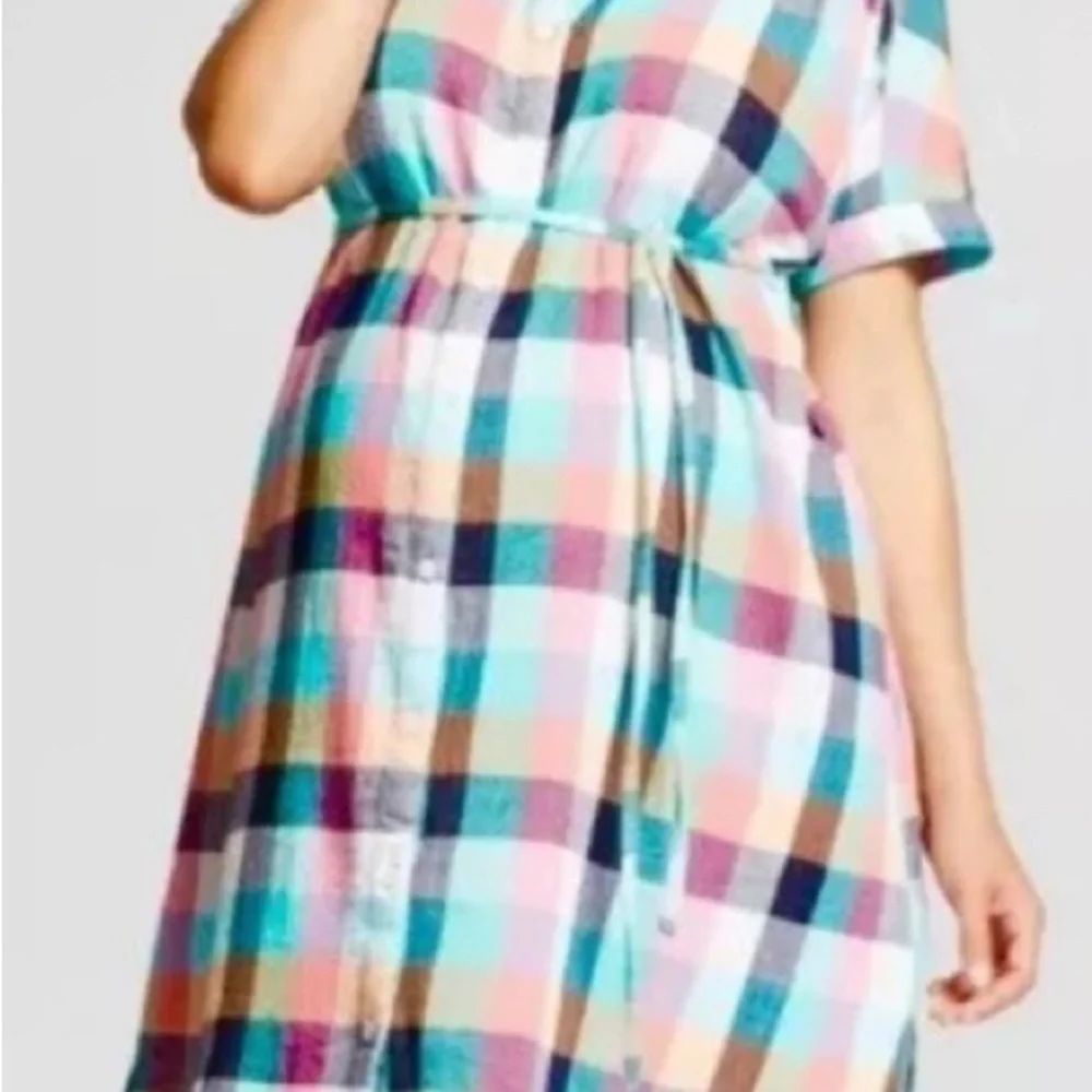 BNWT Isabel Maternity Dolman Colorful Plaid Button Up Shirt Tunic Dress